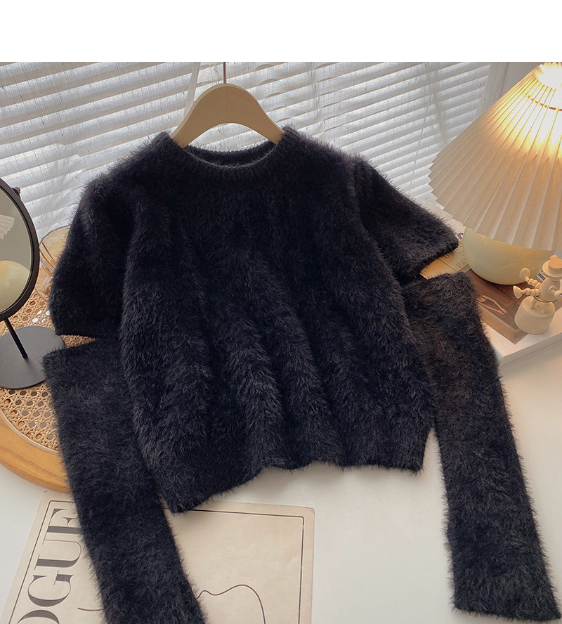 Crew neck Vintage short sleeve sweater versatile sleeve top 6191