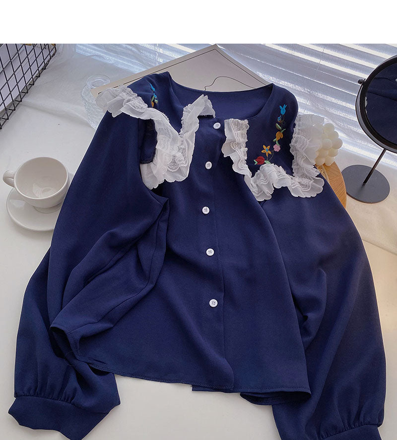 Haut à col poupée en dentelle de style étranger pour filles coréennes 6265