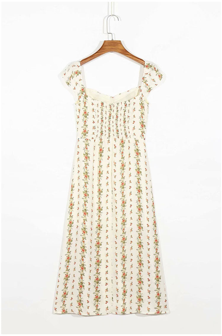 Ruffle floral print split strap Knee Length Dress 7098