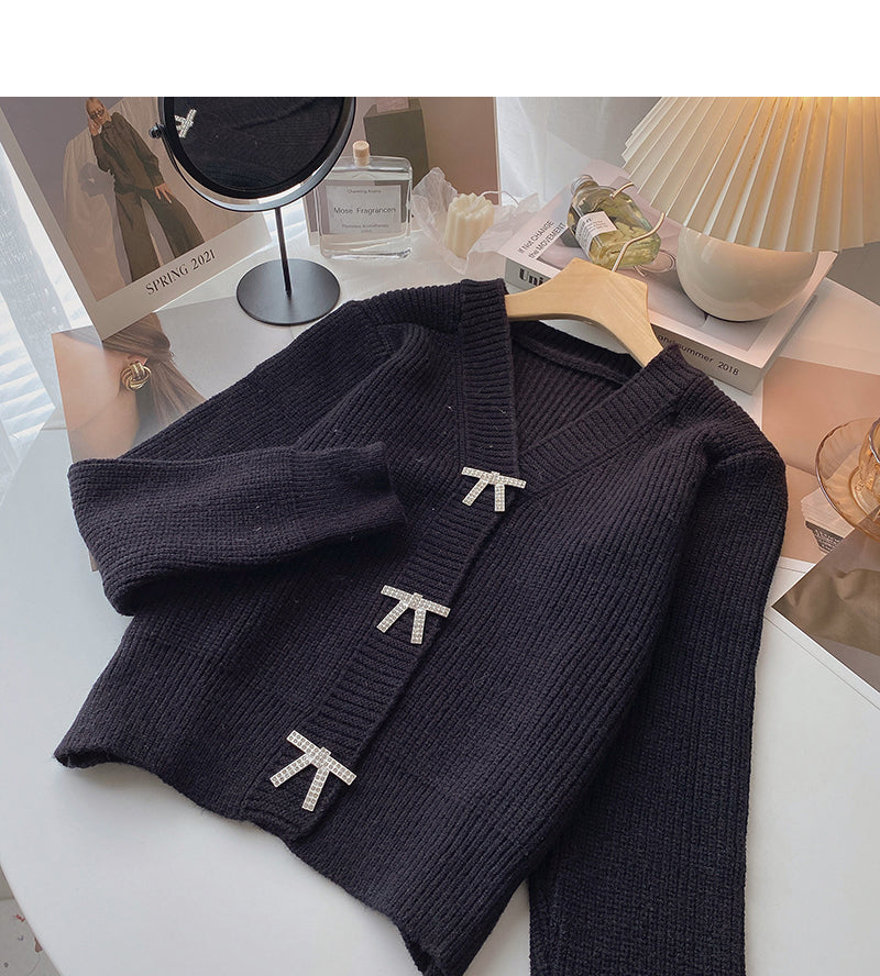 V-Neck Sweater Cardigan women's Korean bow button design top 6176