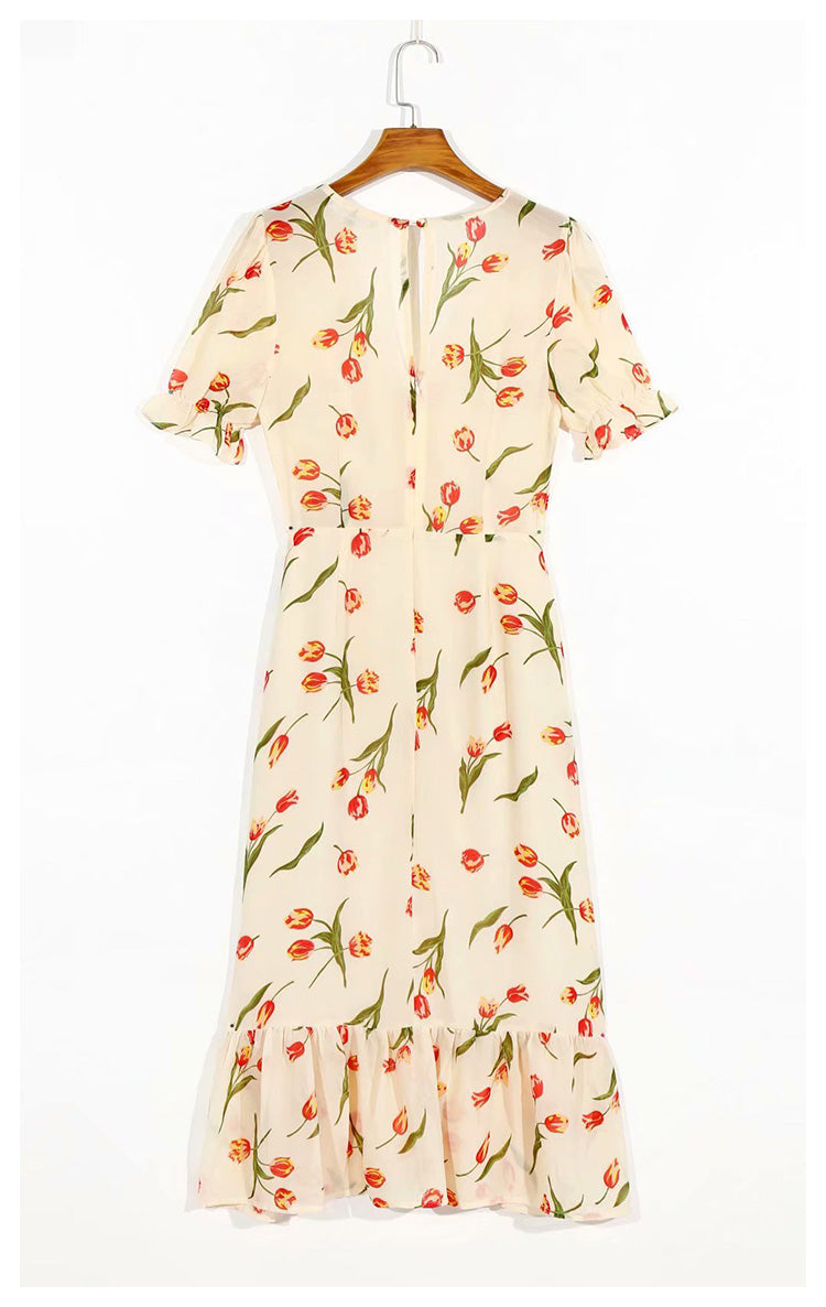 Vielseitiges, mittellanges Kleid 7048 mit V-Ausschnitt und geteilten Luftblasenärmeln mit französischem Aufdruck