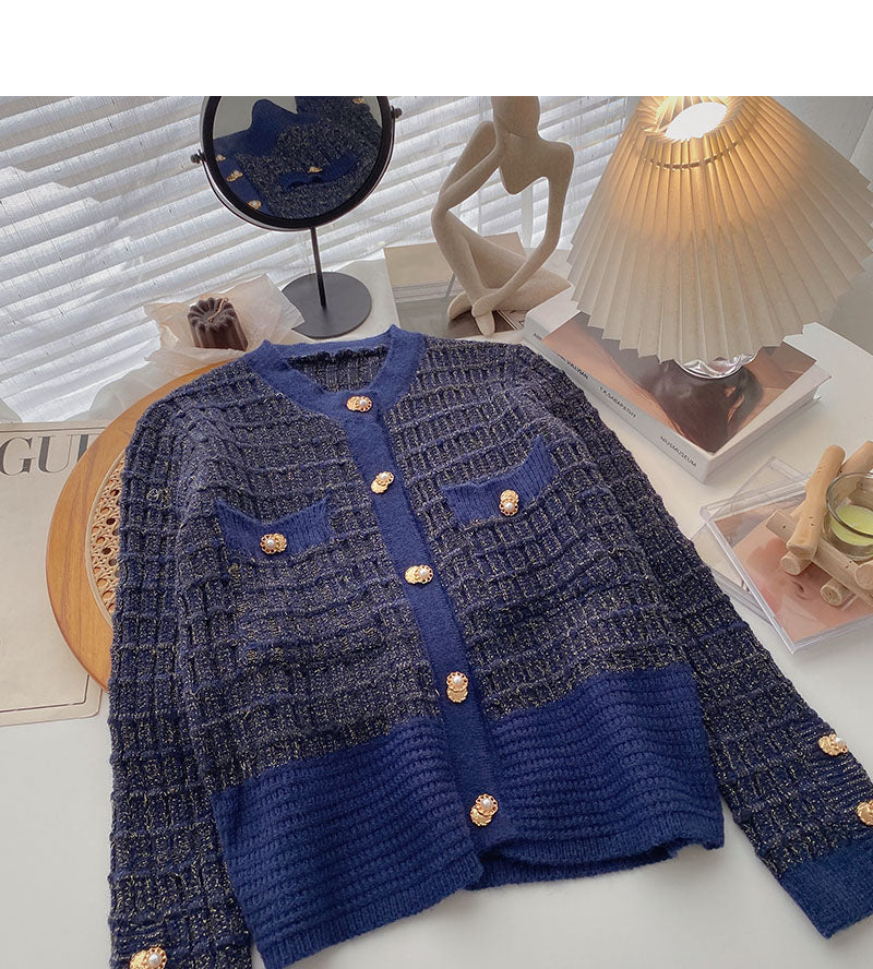Xiaoxiangfeng gold silk knitted long sleeved single breasted plaid sweater 6140