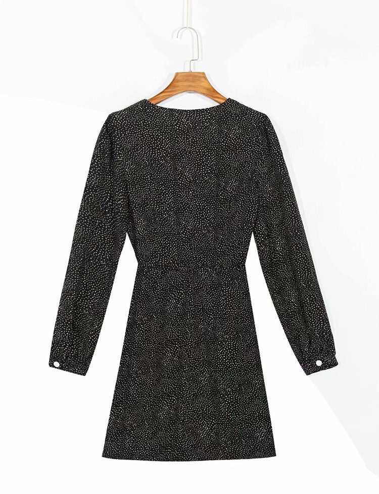 Robe mi-longue à col en V et taille cache-cœur à pois français 7061