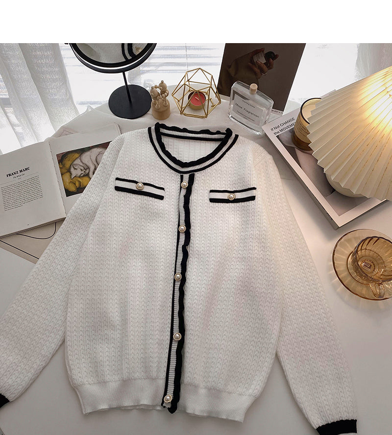 Xiaoxiangfeng color matching round neck sweater cardigan female 6011