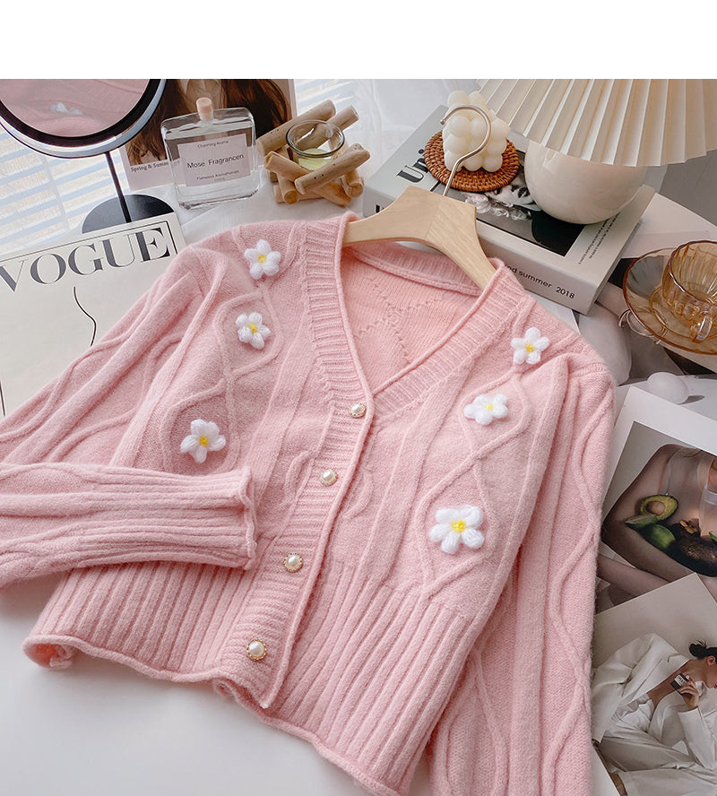 Floret three-dimensional design V-neck knitted cardigan 6475