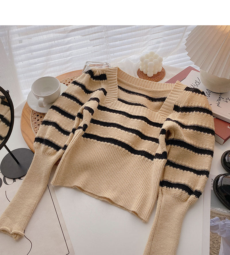 French Vintage striped square neck short lantern long sleeve slim top 6663