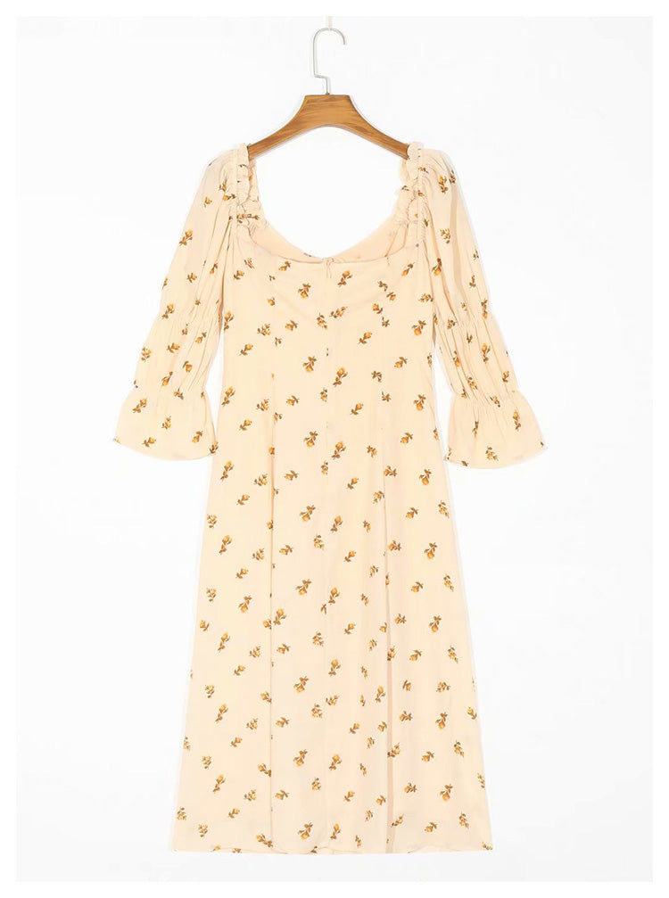 Robe fleurie à col carré et nœud papillon style fille française à lacets et manches bouffantes 7044