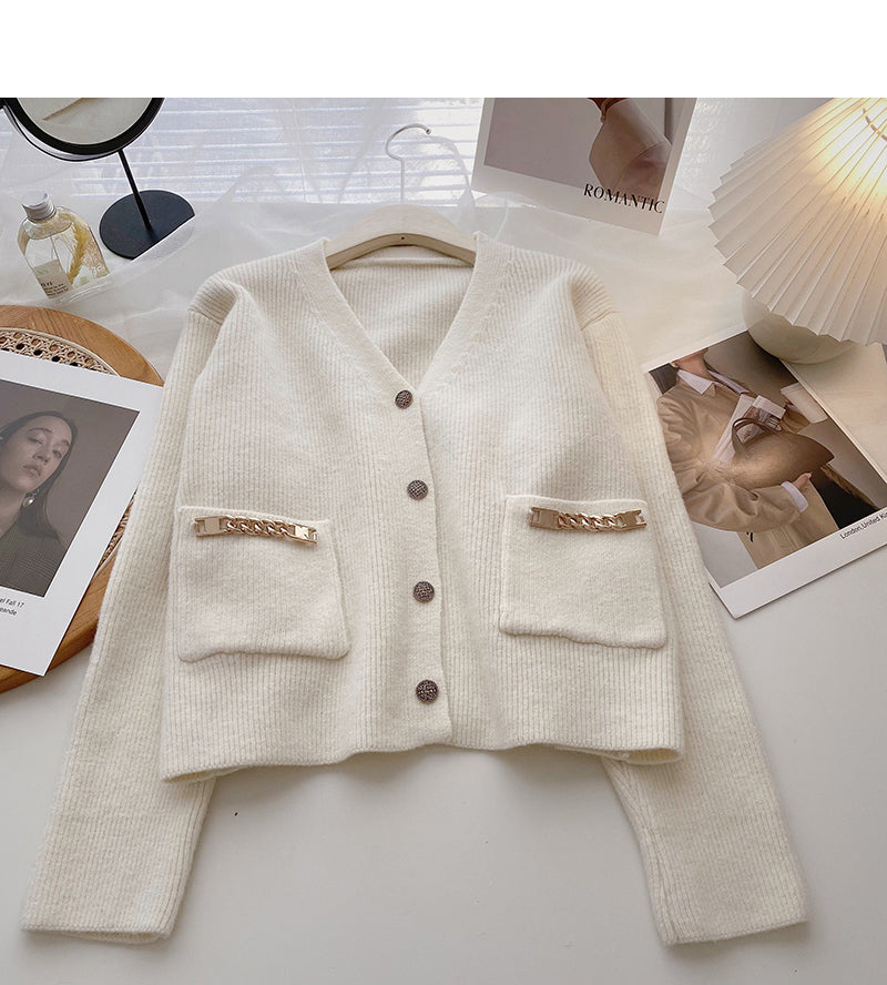 Korean small pocket chain design personalized fashionable V-neck top 6154