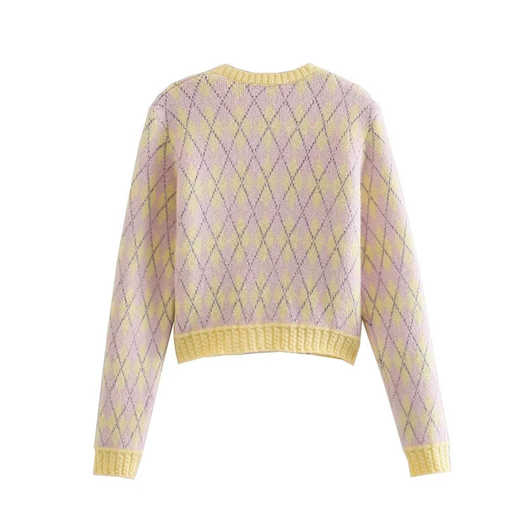 Veste cardigan polyvalente à carreaux en losanges 7479