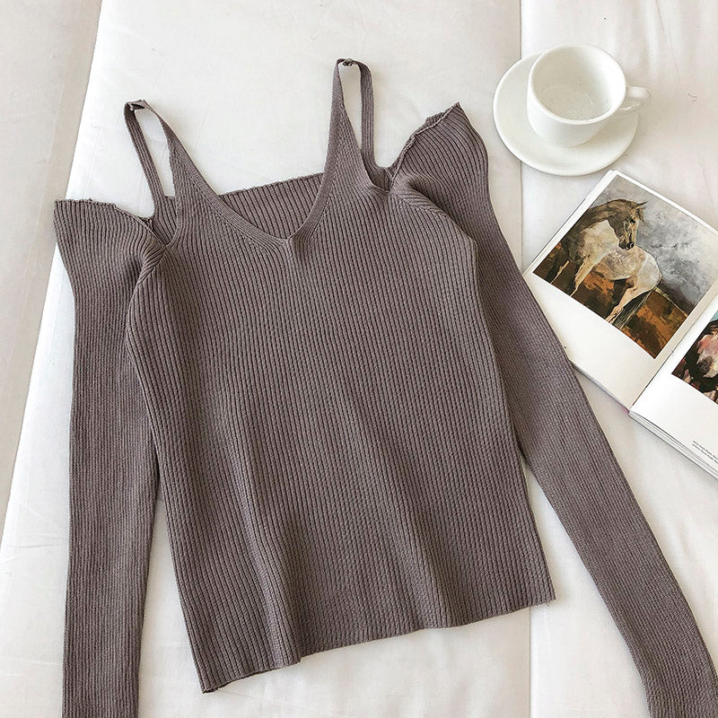 Off shoulder suspender long sleeve slim fit sweater for women 6462