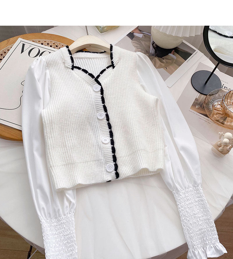 French small square neck stitched long sleeve fake two-piece blouse 6683