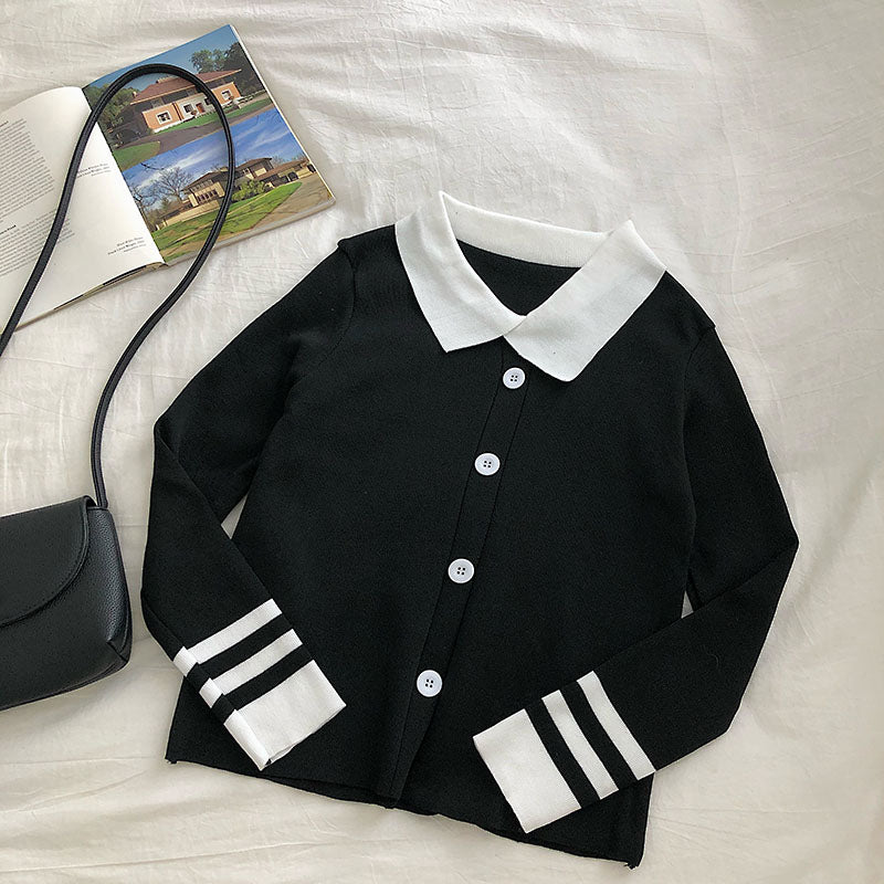 Color contrast Lapel long sleeve sweater Pullover Top 6483