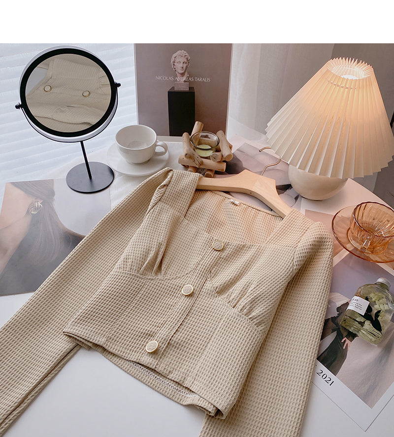 Chemise à carreaux unie vintage à manches longues et col carré slim 6386