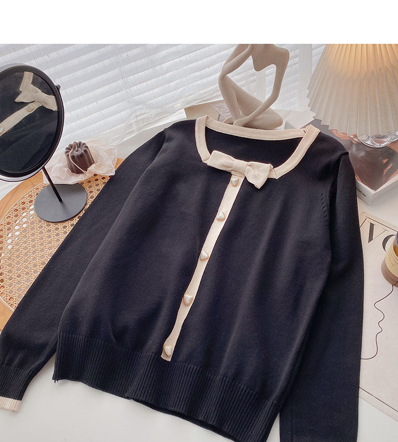 Gentle temperament thin retro bow color matching long sleeve top 6675