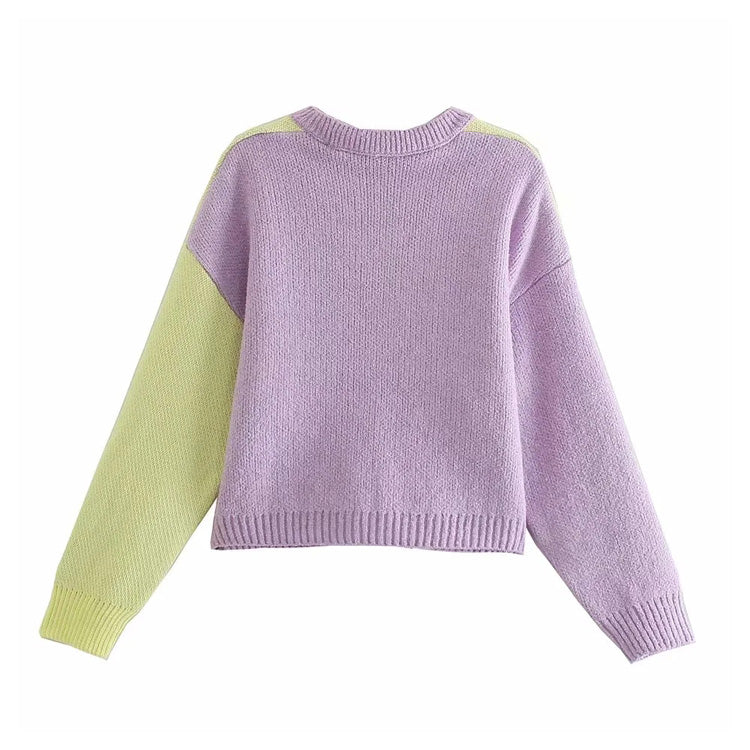Sweet color matching round neck long sleeve sweater 7174
