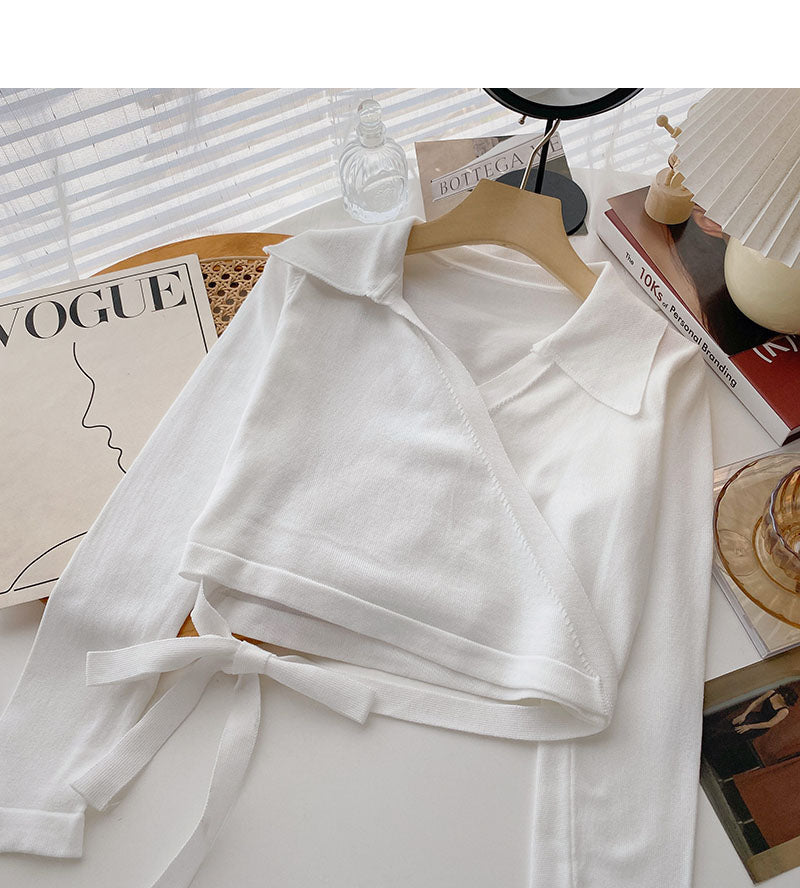 Niche design cross Lapel strap short sweater 6617