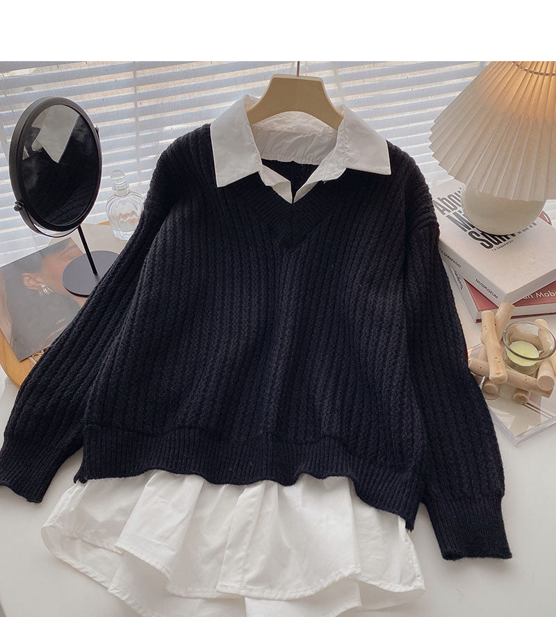 Vintage Hemd genähter Pullover gefälschte zwei Frauen 6001