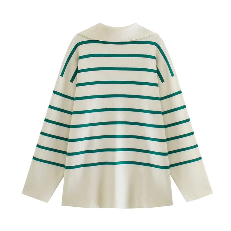 New loose Lapel stripe long sleeve sweater 7437