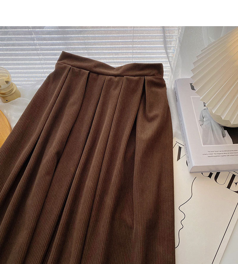 Simple high waist corduroy A-shaped medium length skirt 5784