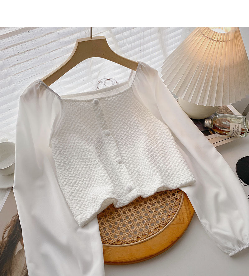 Haut court à manches longues et col carré français de conception minoritaire coréenne 6328