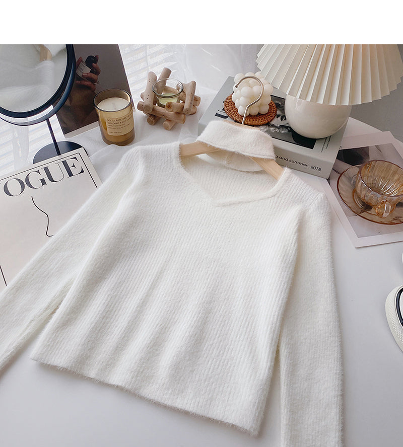 Imitation mink cashmere solid color sweater, niche design, hollow neck coat 6136
