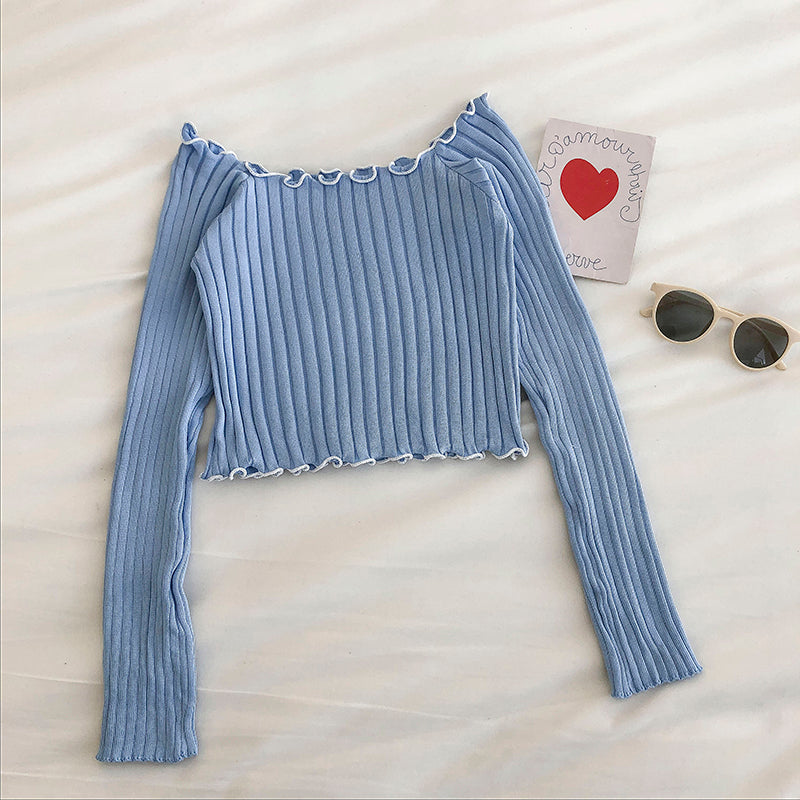 Small sexy leaky lock bone wood ear off shoulder sweater 6440