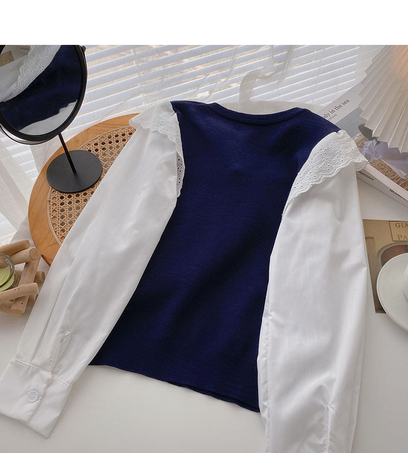 Vintage nail bead bow contrast stitching long sleeve lace top 6600