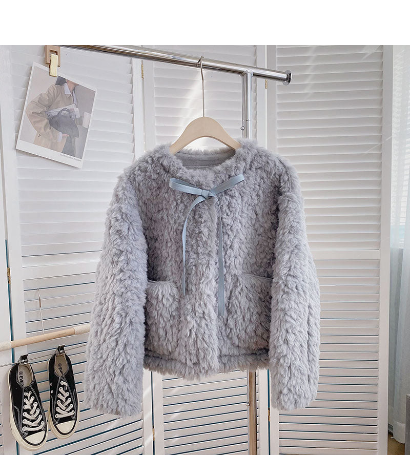 Lamb down coat aging loose tie long sleeve top 6225