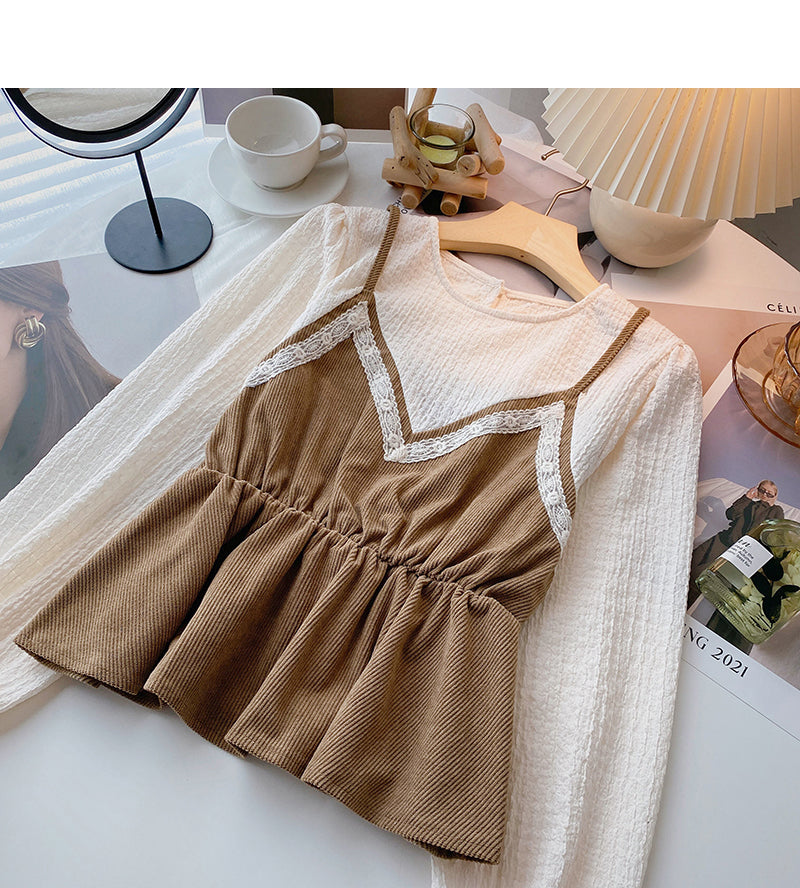 Chemise vintage avec coutures fines à la taille, faux deux hauts 6387