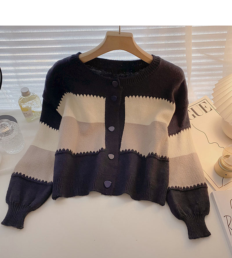 Korean minority retro single breasted round neck sweater 5862