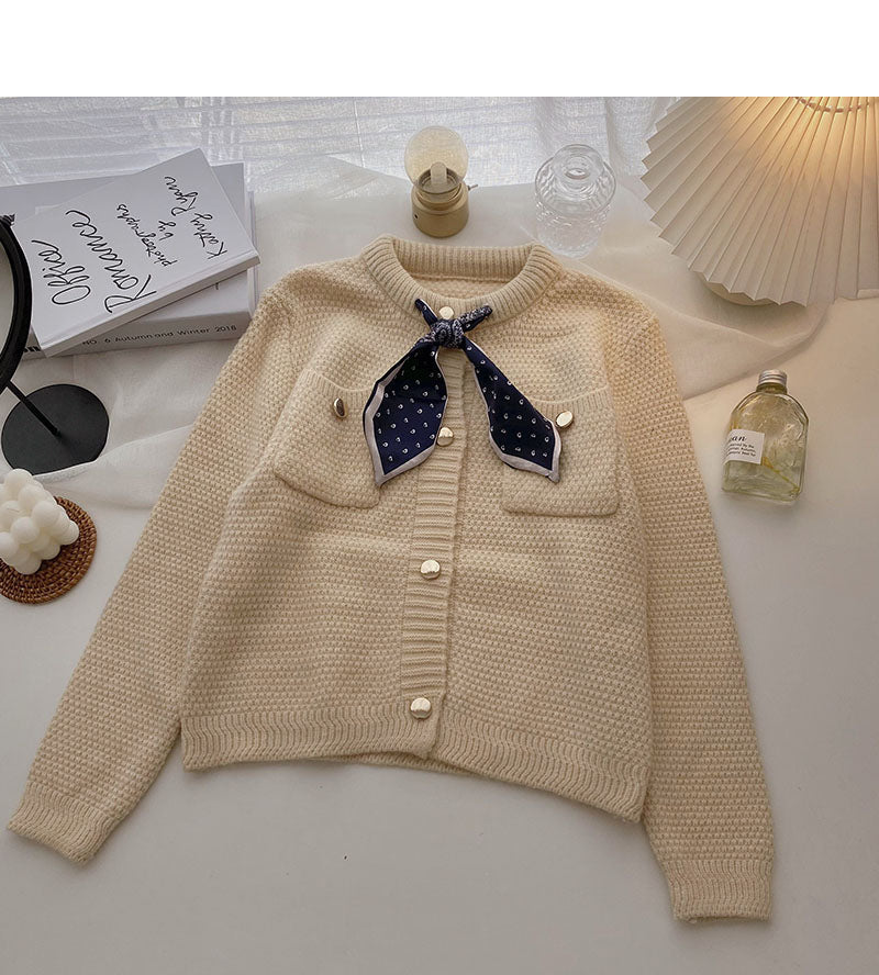 Small retro Silk Scarf Lace up round neck design top 5853