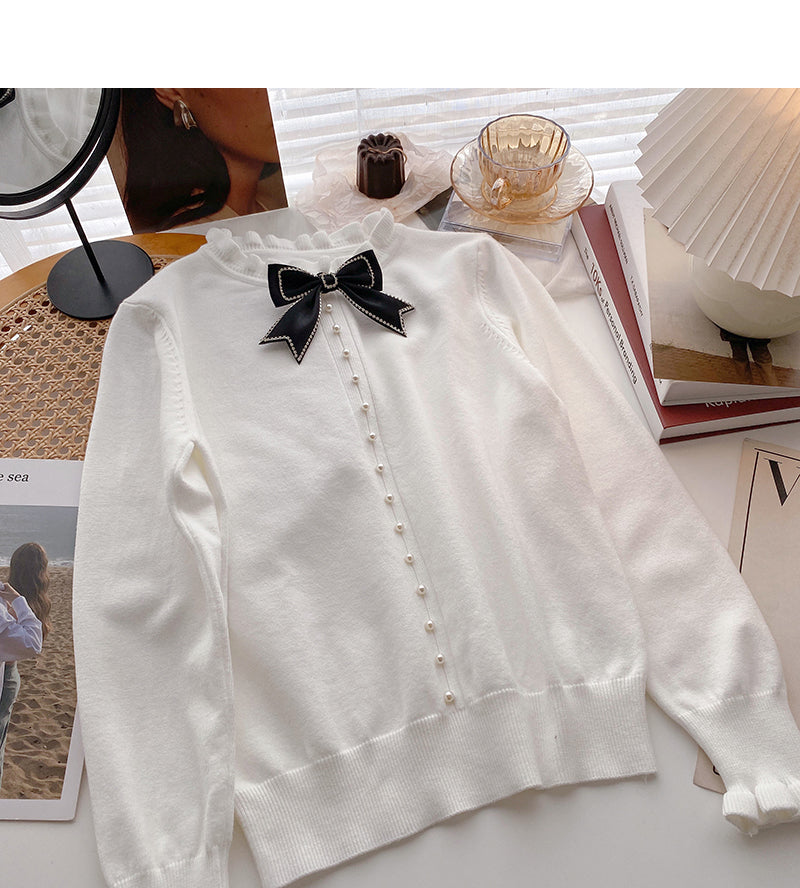 Korean bow round neck design retro nail bead Lace Long Sleeve Top 6038