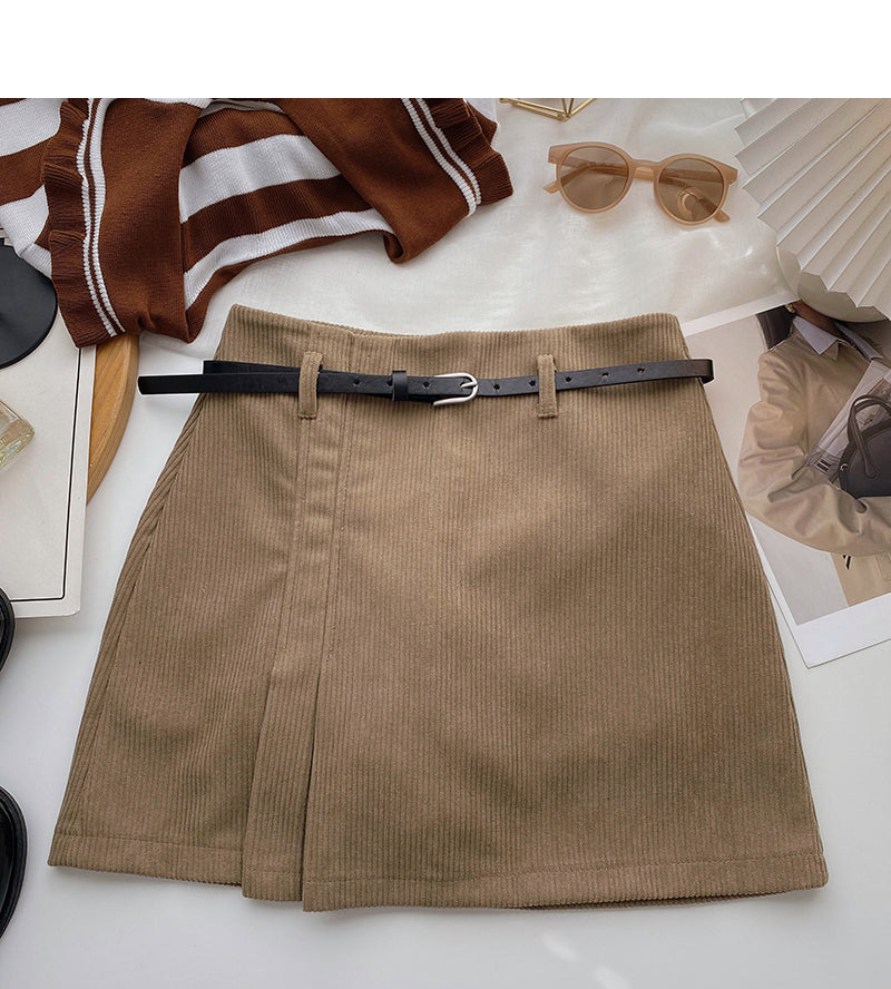 Niche solid color pleated high waist A-line skirt with belt 5579