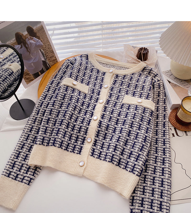 New Korean round neck small fragrance top cardigan 6077