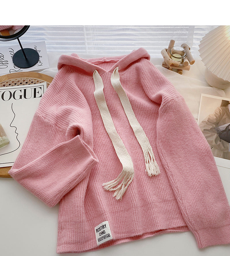 Design sweater tassel drawstring hood loose long sleeve 6083