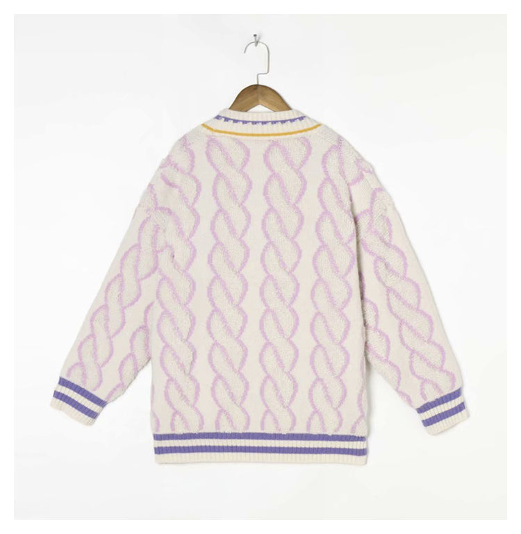 Vintage lazy style loose V-neck knit cardigan 7187