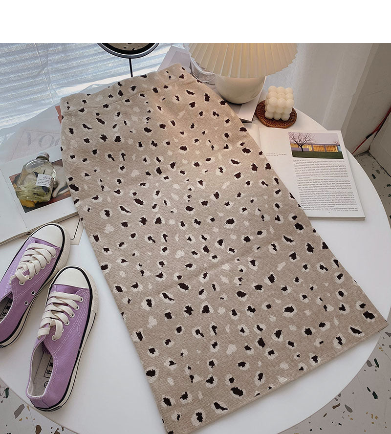 Temperament: Hong Kong style leisure retro leopard print high waist A-line skirt 5757