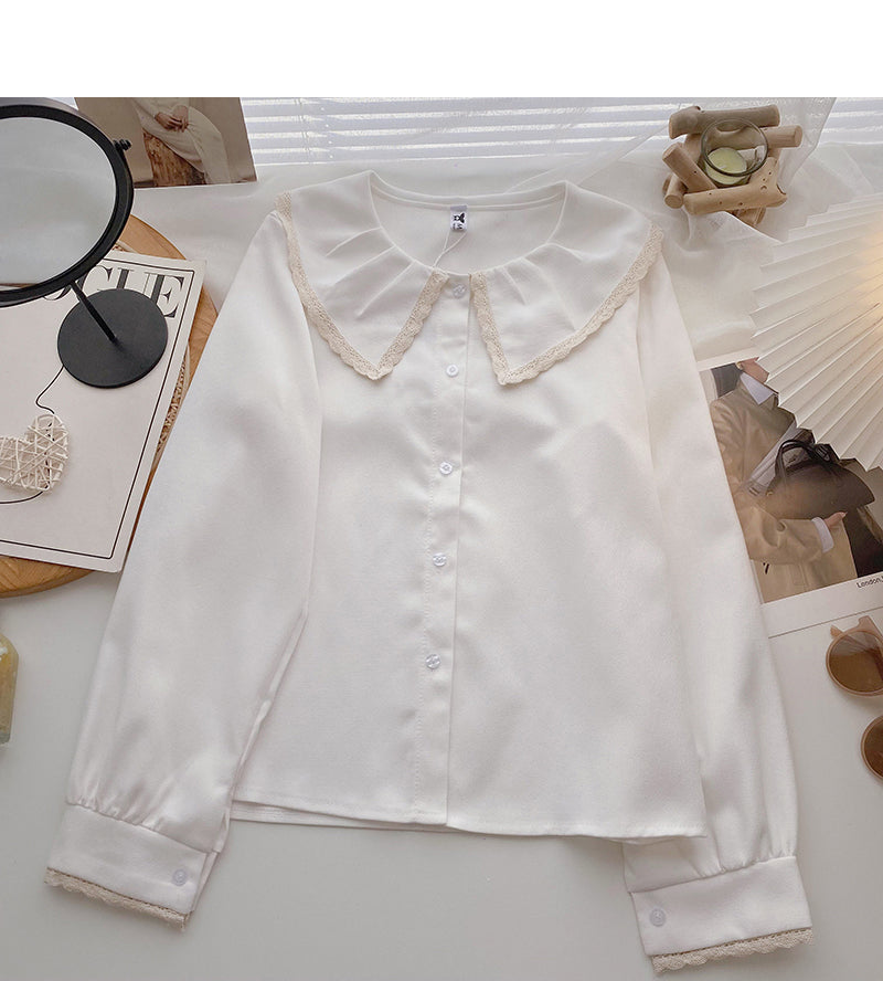Korean version of exotic age reducing lace doll neck long sleeve versatile top 6353
