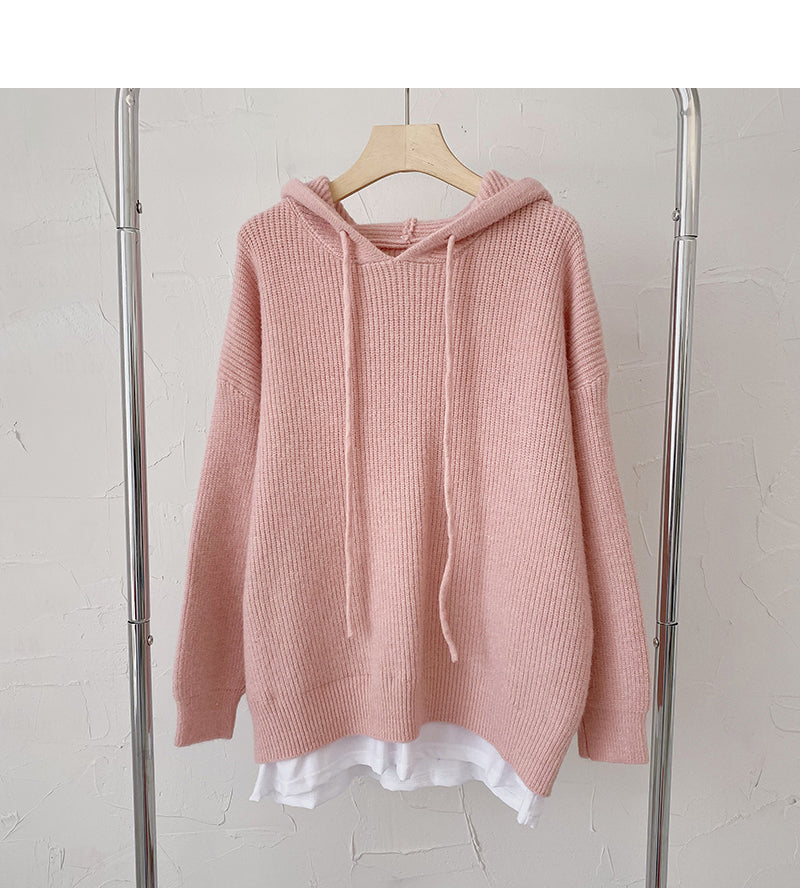 Sweater women's lazy style retro loose long sleeve hooded fake two-piece top 6197