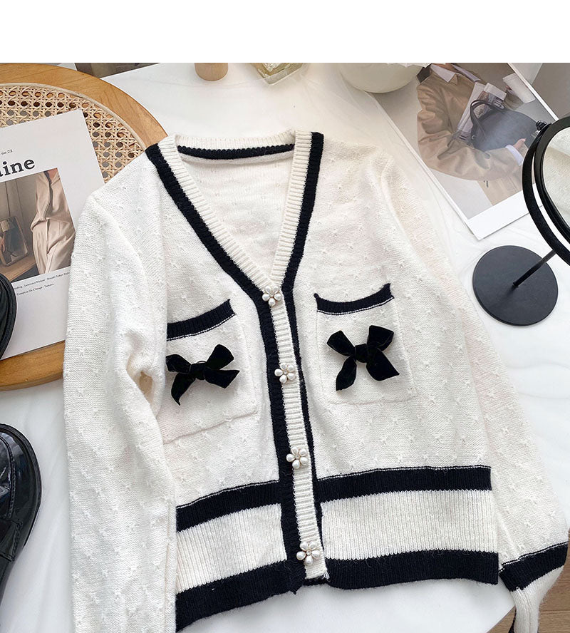 Small fragrance retro nail bead color matching V-neck bow top 6034