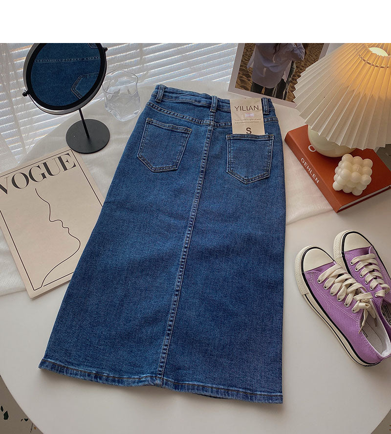 Hong Kong style retro fashion split high waist A-shaped medium and long skirt 5706