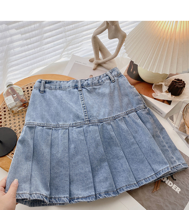 Denim high waist A-line pleated skirt shows thin skirt 5623