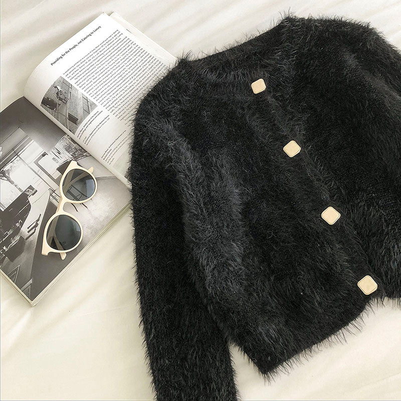 Solid color crew neck retro long sleeve short knit cardigan women 5837