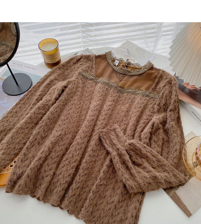 Französisches Spitzenhemd Langarm Pullover Top 6343