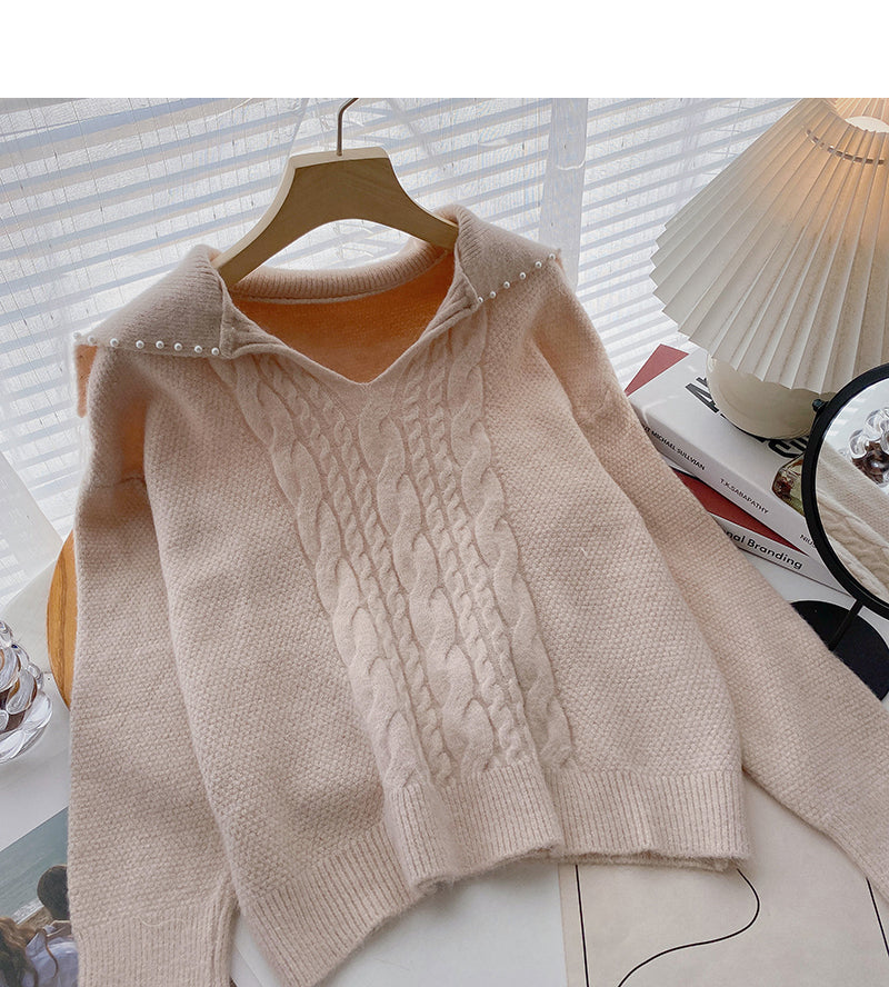 Haut à manches longues torsadé à col en V avec perles et design de niche doux 6018