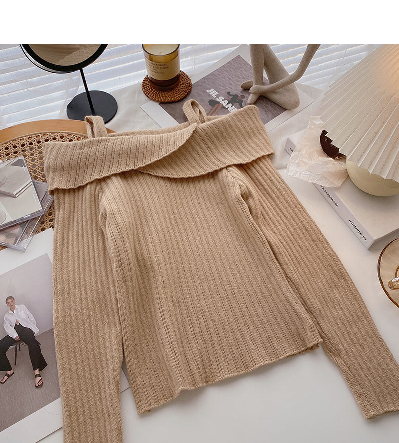 Straight neck irregular thin suspender long sleeve sweater 6444