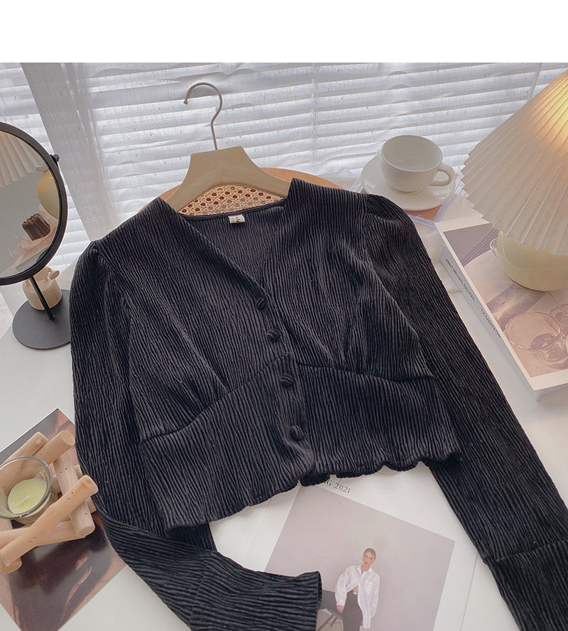 La chemise plissée à col en V vintage montre la fine saveur de Hong Kong 6401