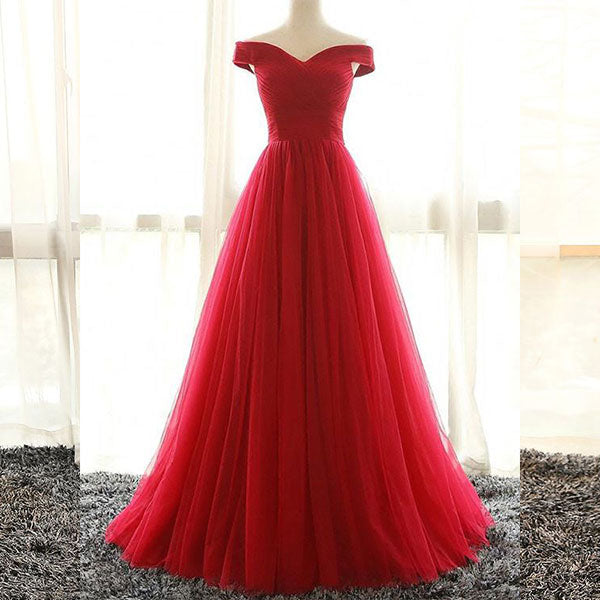 Robe de soirée longue en tulle rouge à col en V, robe de soirée rouge 7112