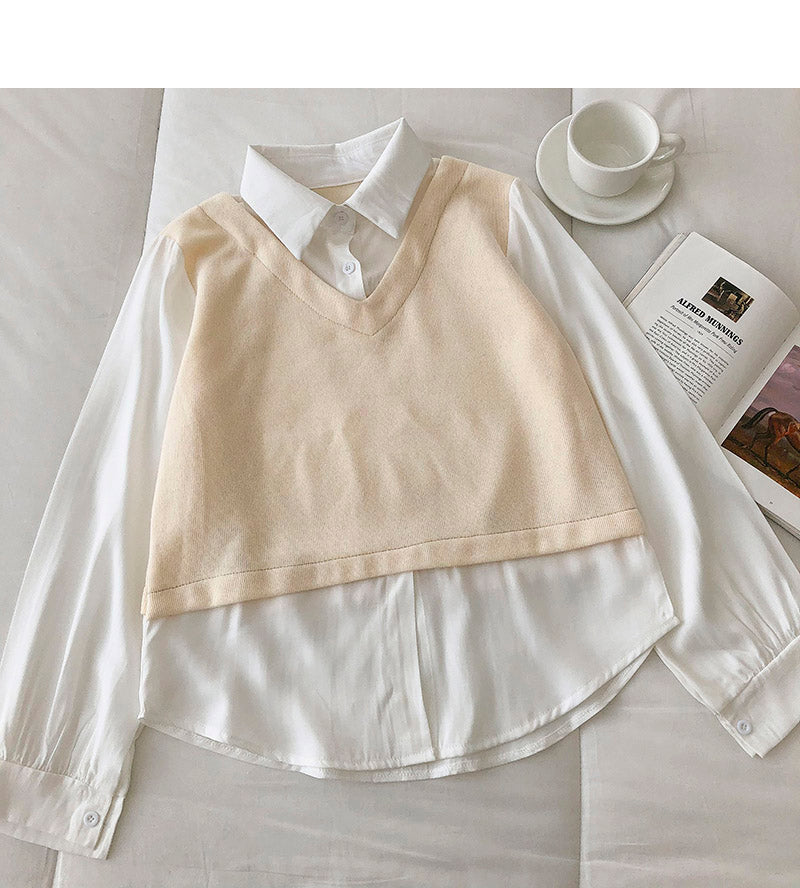 Design sense stitching fake two thin sweaters 6450