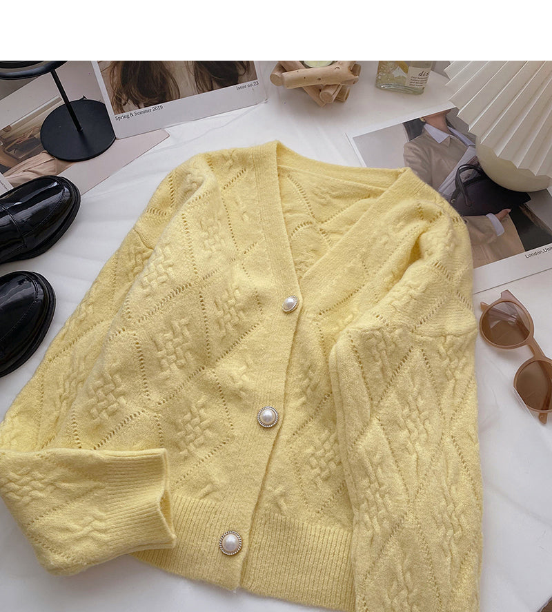 French retro pearl button V-Neck long sleeve top 6125